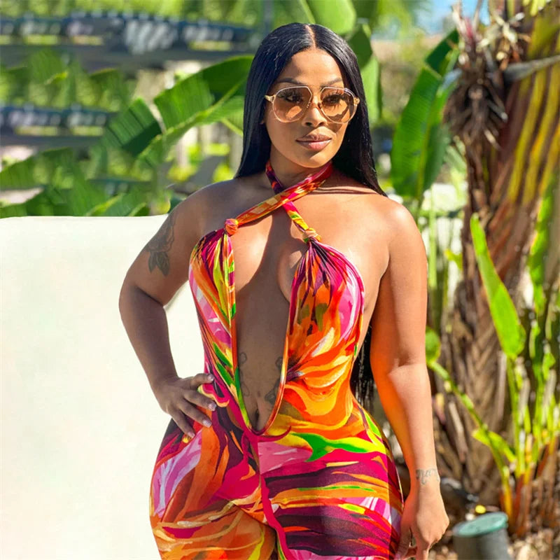 Tropical Tie-Dye Print Women's Halter Backless Sleeveless Deep V-Neck Loose Jumpsuit