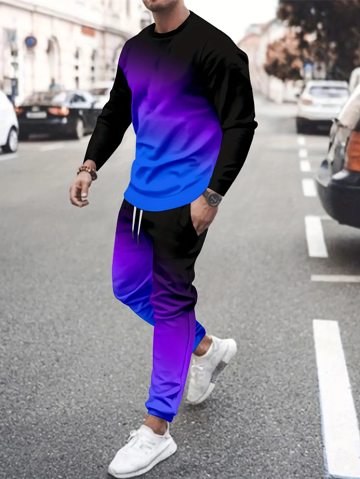 Men's Hip-Hop Rainbow/Gradient/Colorblock/Plaid Checker Print Long Sleeve T-Shirt + Pants Sportswear 2-Piece Set