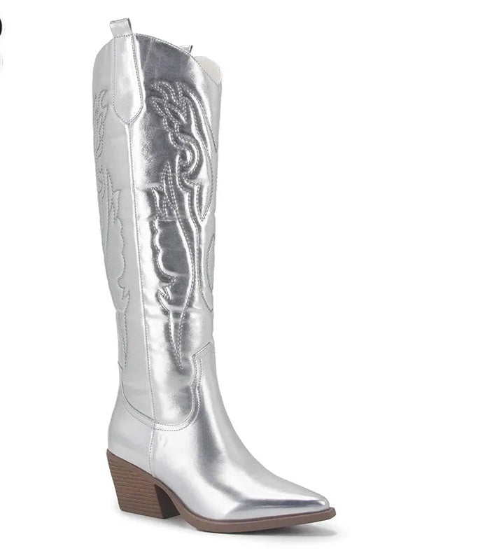 Western Metallic Embroidered Women's Pointed Toe Knee-High Chelsea Cowgirl Boots