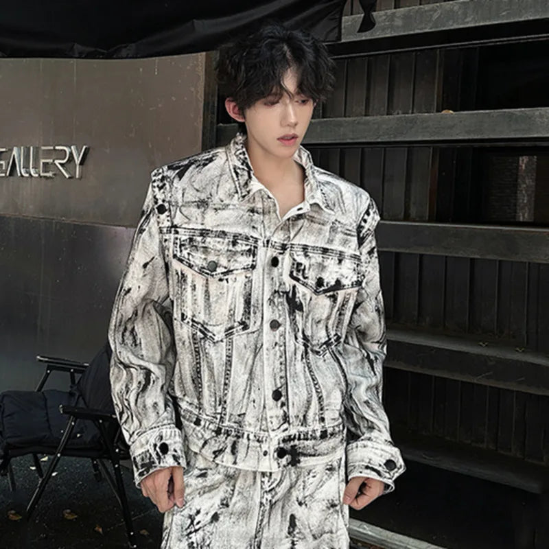 Men's White/Black Tie-Dye Print High Street Denim Pocket Design Jean Jacket + Wide Leg Cargo Jeans 2-Piece Set