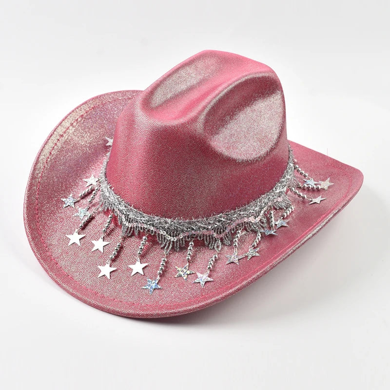 Sequin Rhinestone Metallic Tassel Fringe Women's Cowgirl Fedora Hat