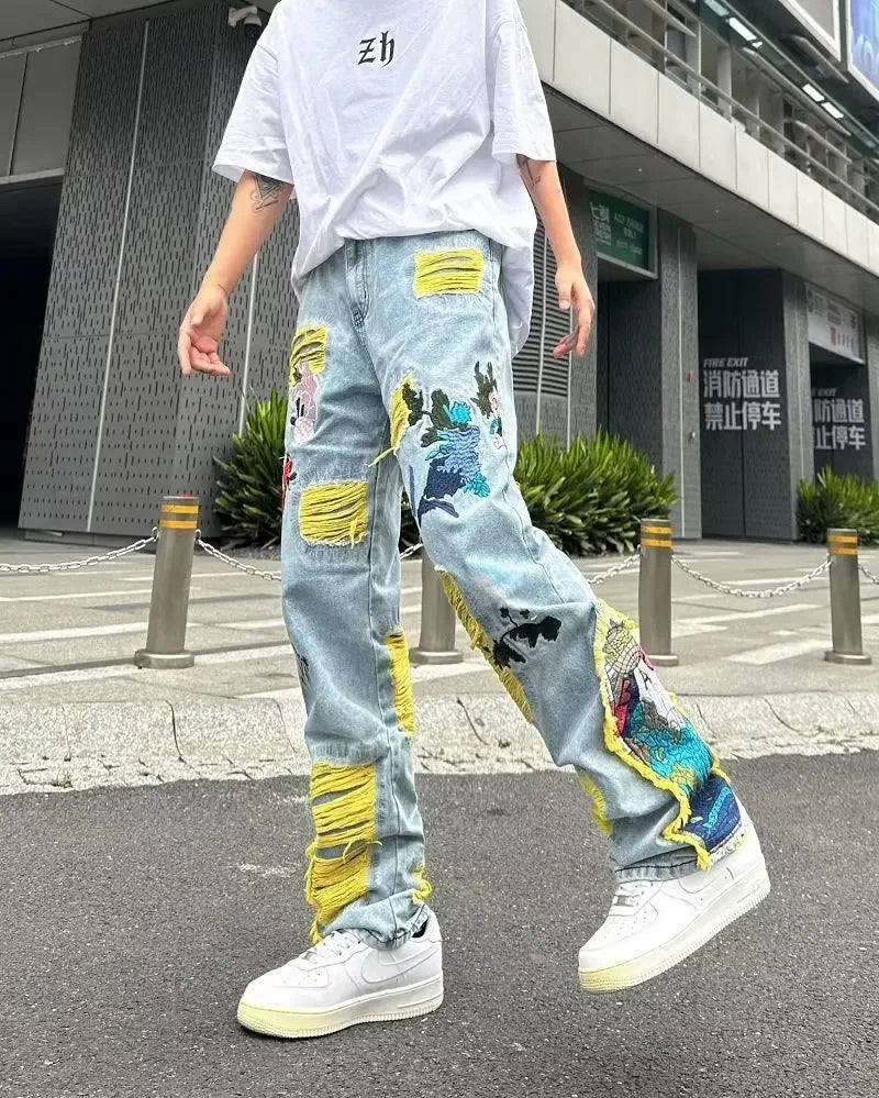 Streetwear Baggy Stacked Ripped Graphic Embroidered Hip Hop Jeans