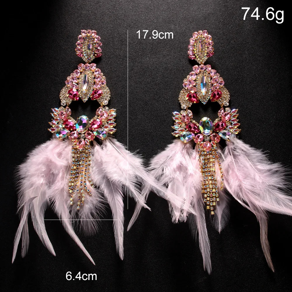 Pink Crystal Rhinestone Oversized Feather Tassel Fringe Earrings