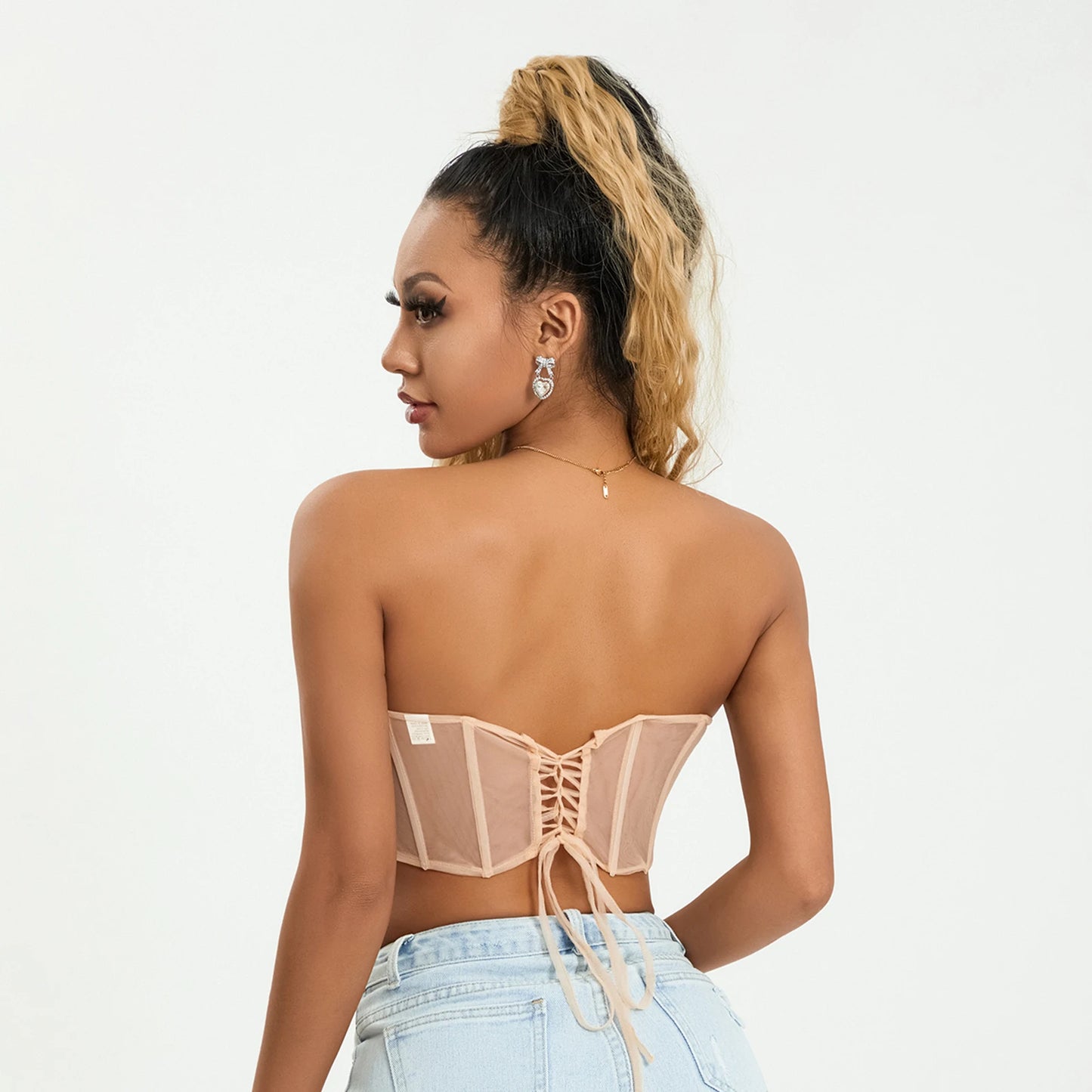 Strapless Sheer Mesh Mermaid Sea Shell Backless Lace-Up Cropped Bustier