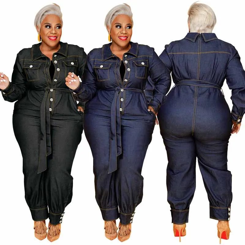 Denim Turn-Down Collar Sash Belted Button Front Long Sleeve Women's Overall Jumpsuit to 5X Plus Size