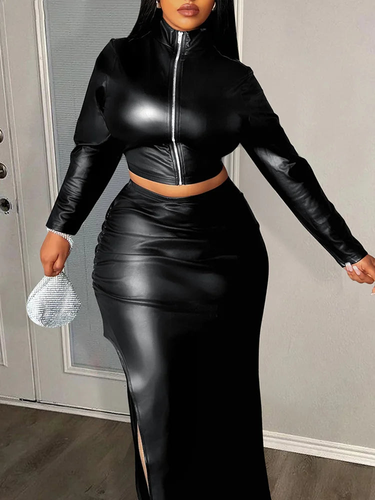 Black Faux Leather Solid Stand Collar Long Sleeve Crop Top + High Slit Faux Leather Skirt 2 Piece Set