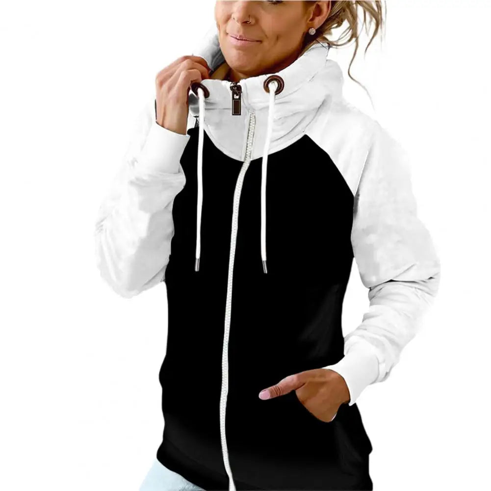 Colorblock Drawstring Thermal Patchwork Women's Zipper Fleece Hoodie Jacket to 3X Plus Size