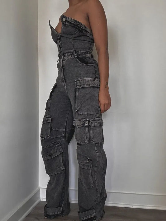 Washed Denim Strapless Sleeveless High Waist Patchwork Cargo Pocket Tube Jumpsuit