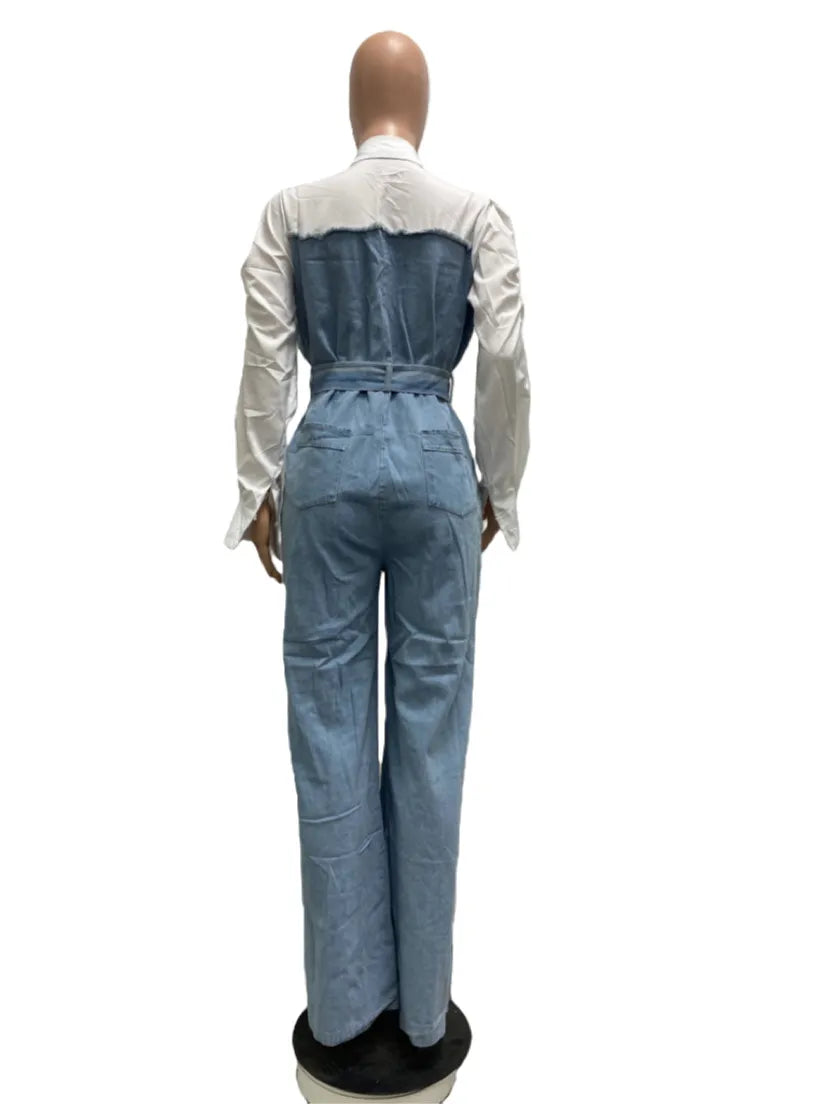 Denim Patchwork Loose Women's Jumpsuit w/ Belt