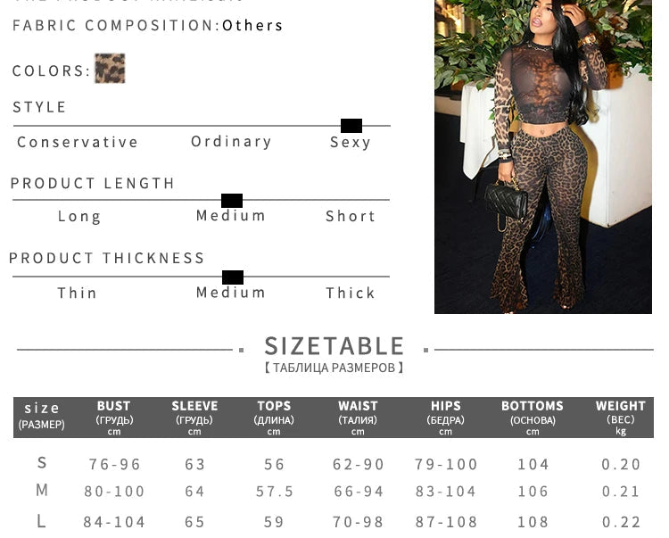 Sheer Transparent Leopard Print Hollow-Out Long Sleeve Crop Top + Skin Tight Leggings Women's 2-Piece Set