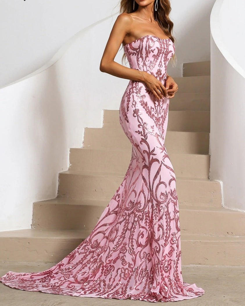 Pink Sequin Strapless Mesh Sleeveless Bodycon Party/Prom Mermaid Formal Tube Maxi Dress