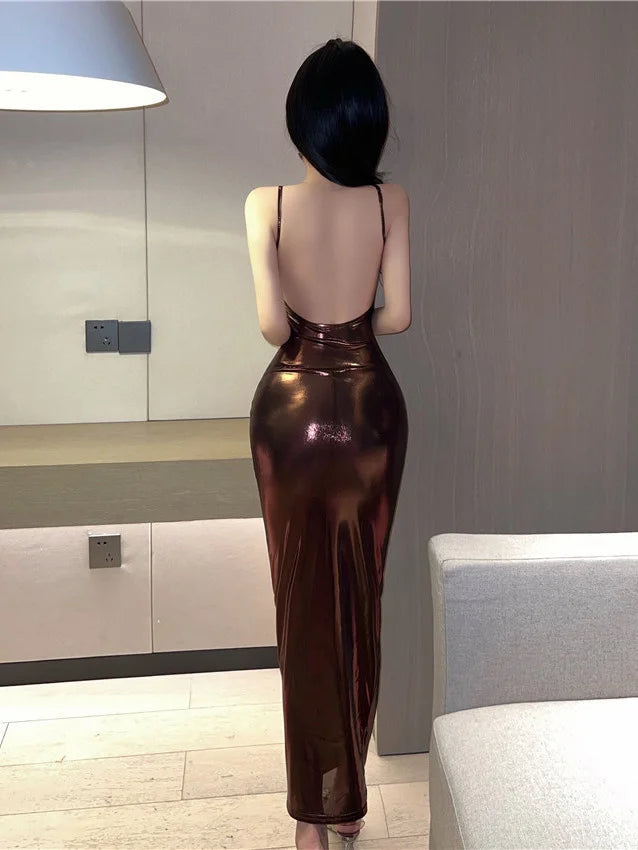 Temperament Backless Lacquer Faux Leather Solid Wrap Hip Dress