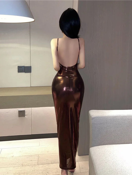 Temperament Backless Lacquer Faux Leather Solid Wrap Hip Dress