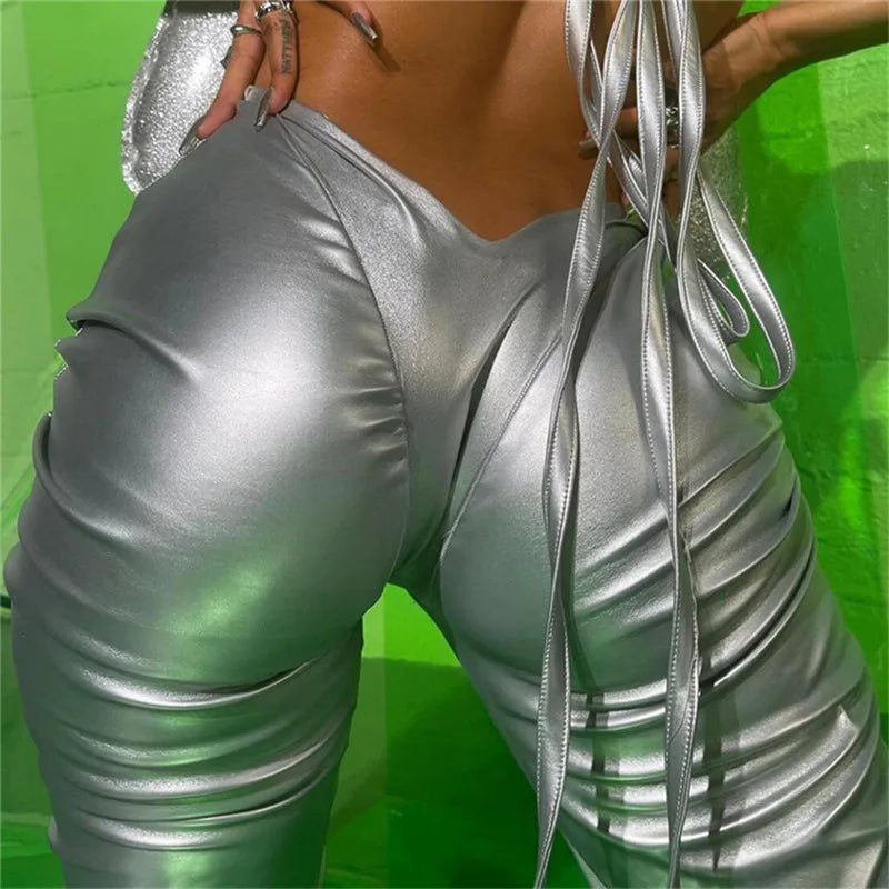 Metallic Silver PU Leather Stacked Pleated Low Elastic Waist Skinny Pants