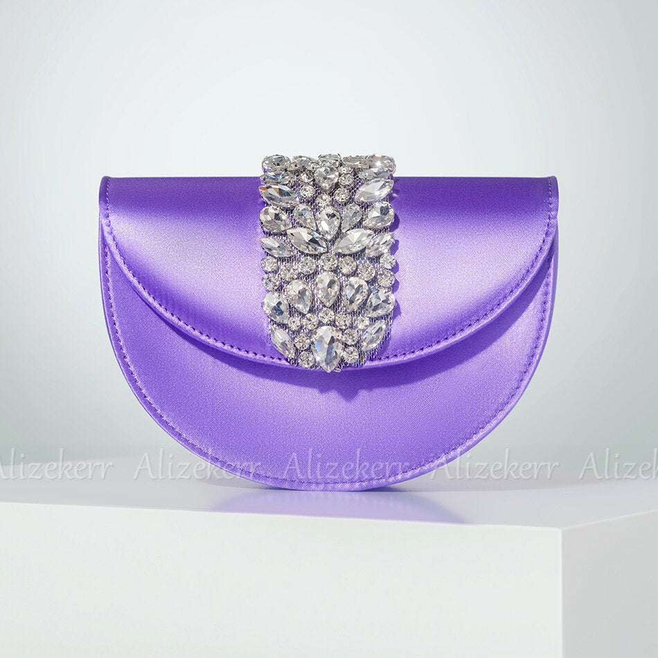 Satin Rhinestone Half Round Metal Ring Clutch Purse