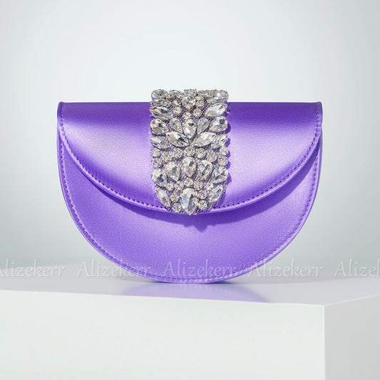 Satin Rhinestone Half Round Metal Ring Clutch Purse