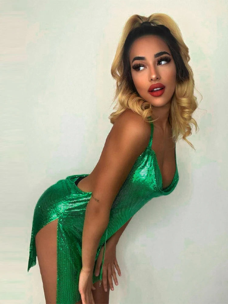 Metallic Backless Sequin Spaghetti Strap Club Party Mini Dress