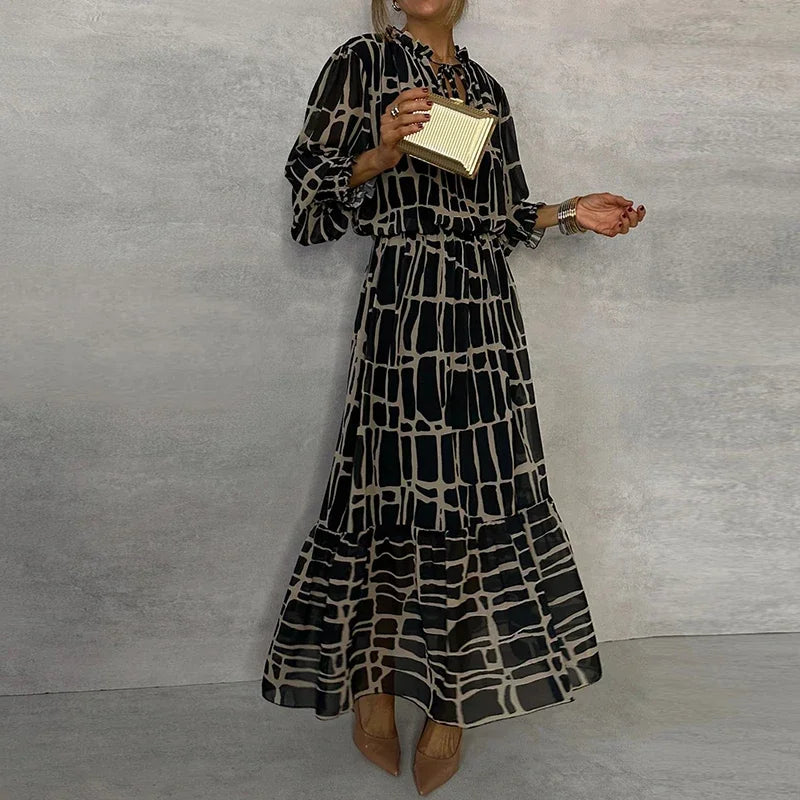 Ruffled Floral Print Puff Long Sleeve Turn-Down Collar Maxi Dress