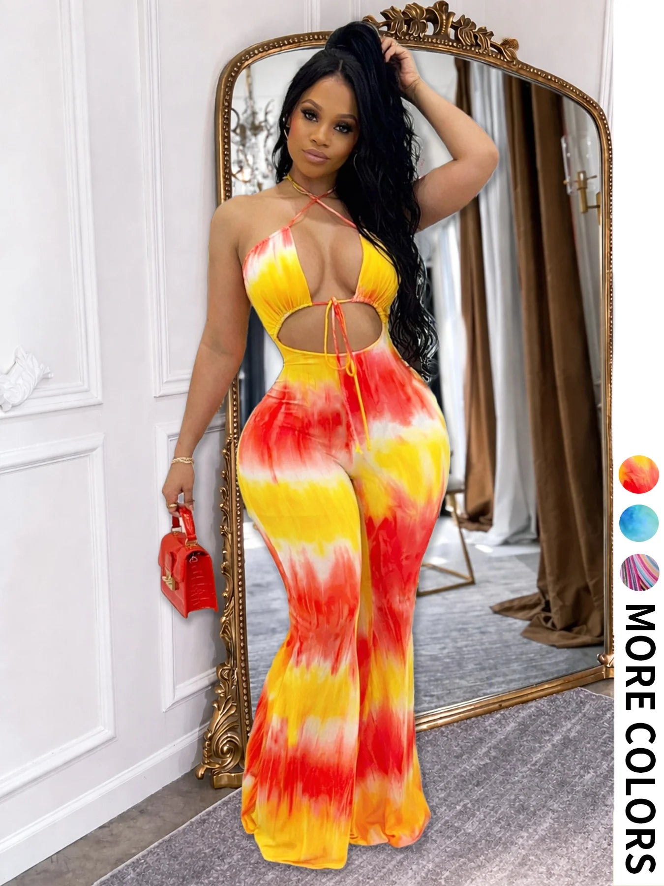 Tie-Dye Colorblock Print Sleeveless Hollow-Out Cami Top Lace-Up Women's Flared Leg Jumpsuit