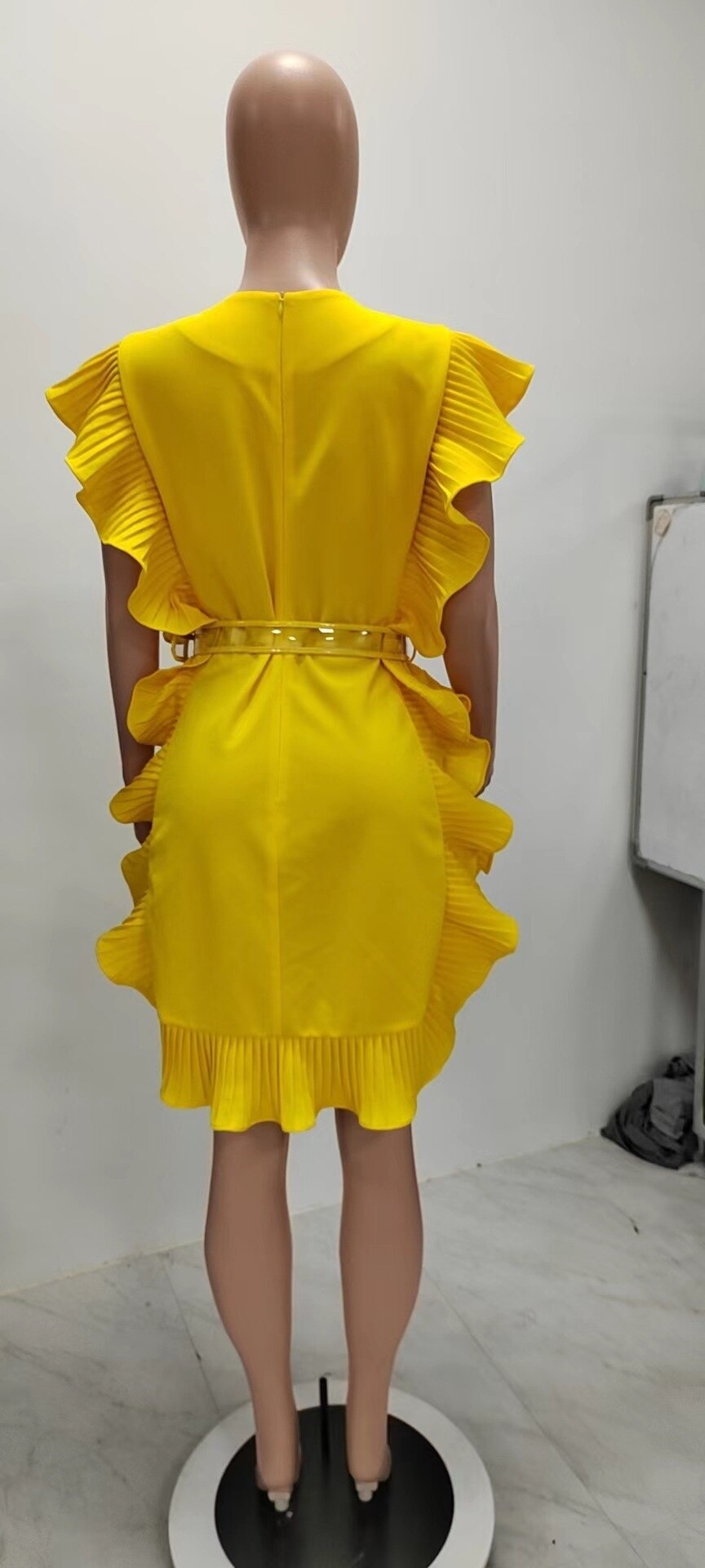 Ruffled Yellow Solid Short Sleeve Round Neck Mini Dress w/ Belt to 5X