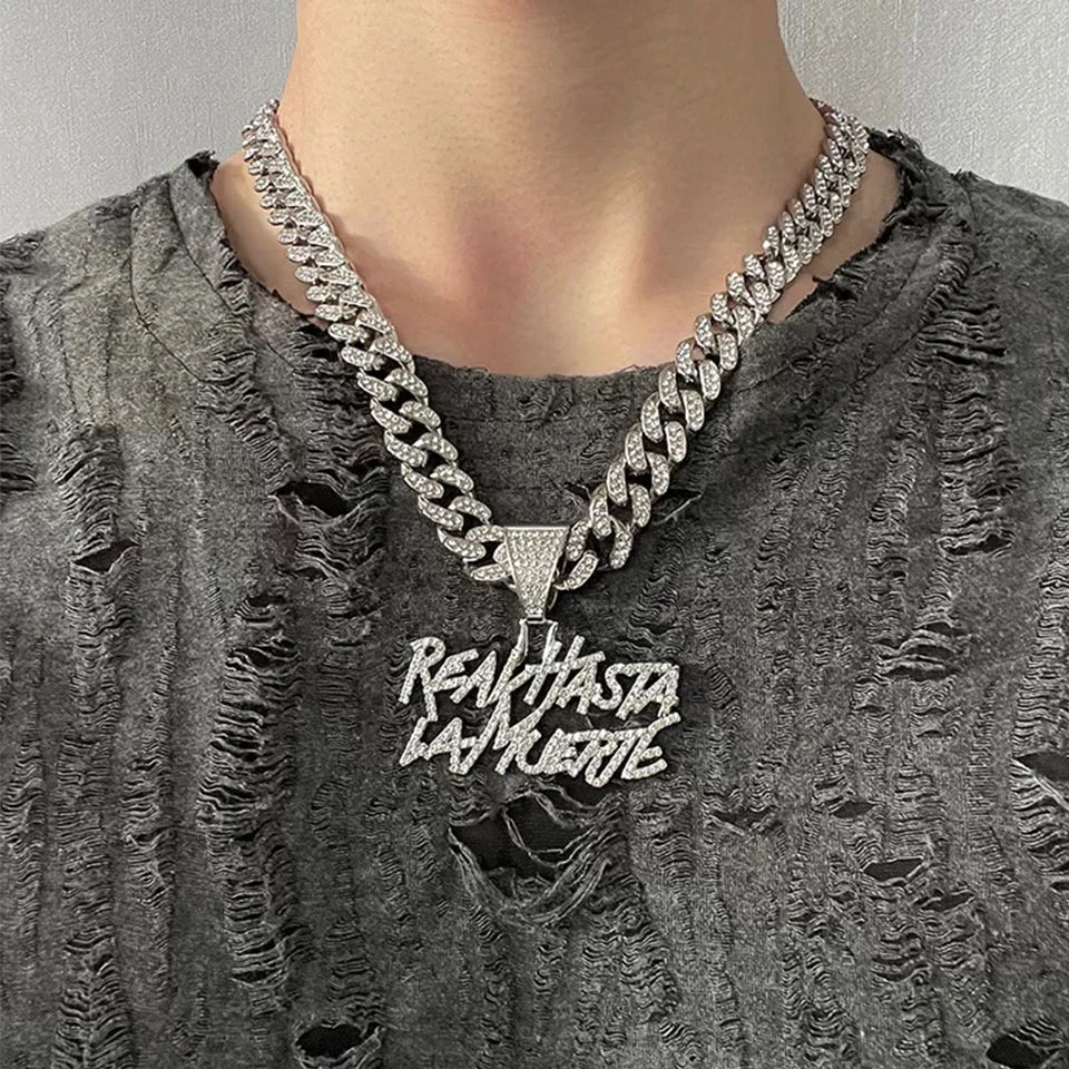 "Real Hasta la Muerte" OR $ Sign Rhinestone Pendant Hip-Hop Letter 13MM Cuban Chain Necklace