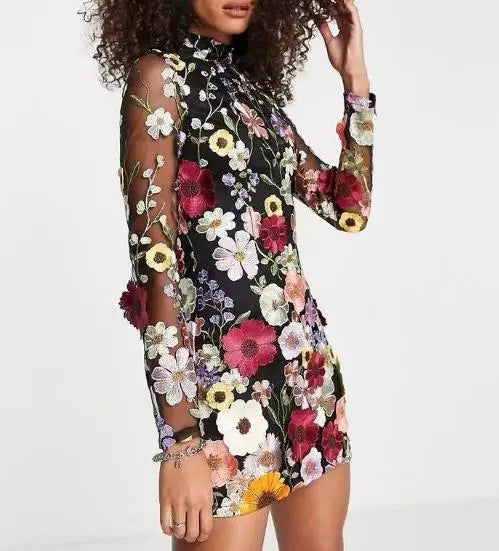 1/2 Turtleneck 3D Flower Print A-Line Long Sleeve Formal Mini Party Dress
