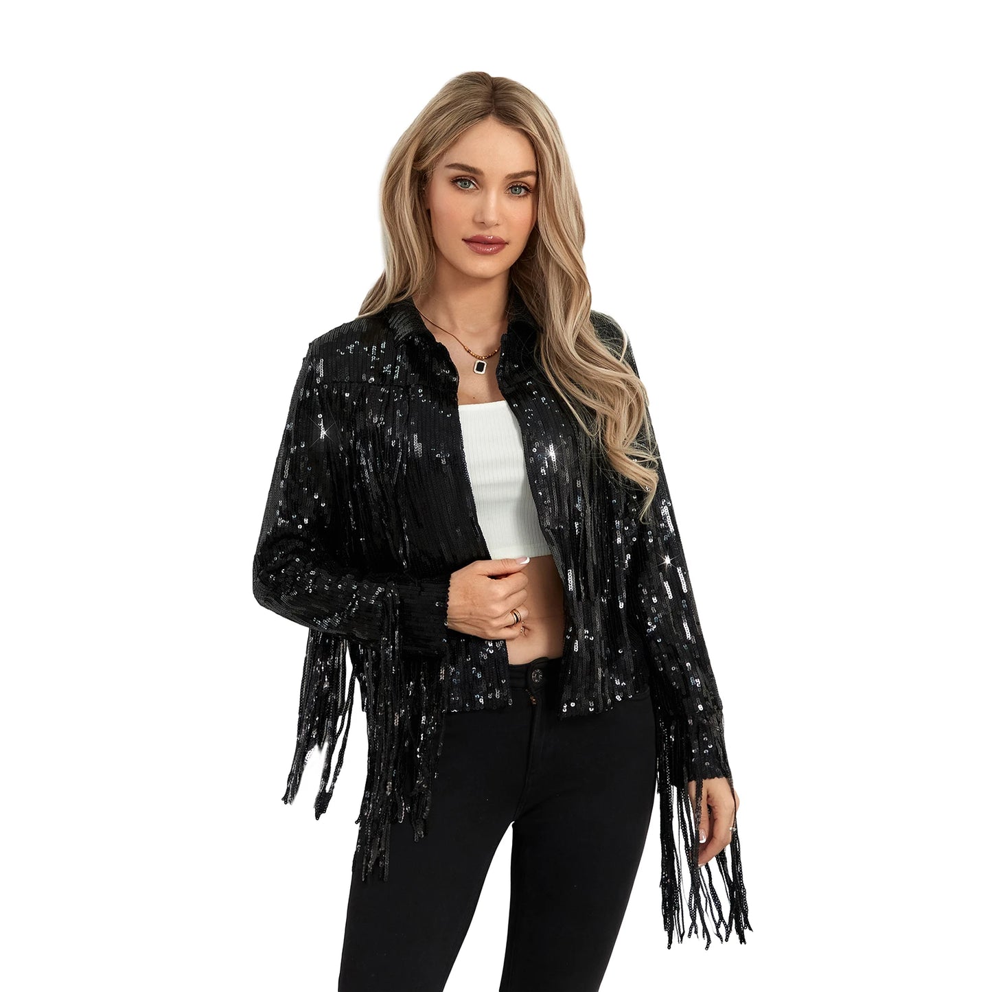 Sparkling Metallic Sequin Tassel Fringe Western Women's Long Sleeve Open Cowgirl Jacket