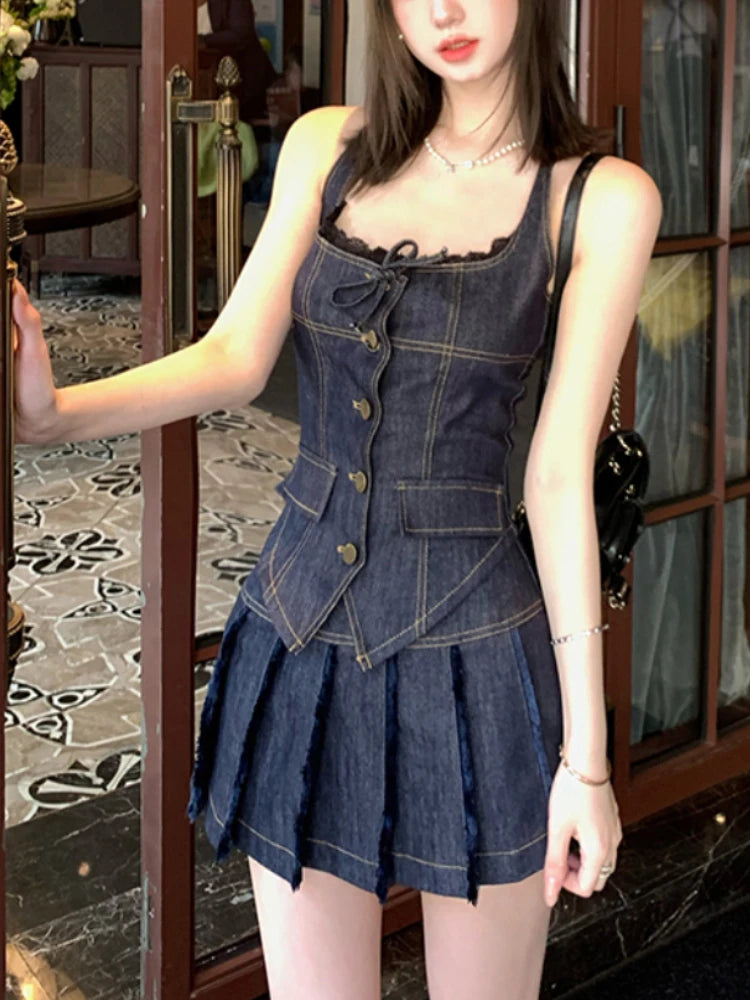 Sleeveless Dark Blue Denim Halter Button-Up Vest + Pleated Mini Skirt 2-Piece Set