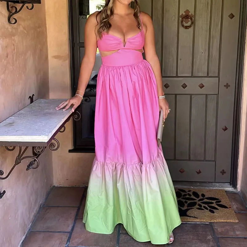 Gradient Tie-Dye Ombre Spaghetti Strap V-Neck Hollow-Out Backless Flared Ruffled Sleeveless Maxi Dress