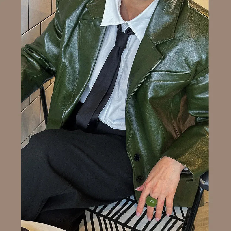 Shiny PU Leather Women's Solid Color Blazer Jacket w/ Flared Sleeveless Tube Maxi Dress 2-Piece Suit