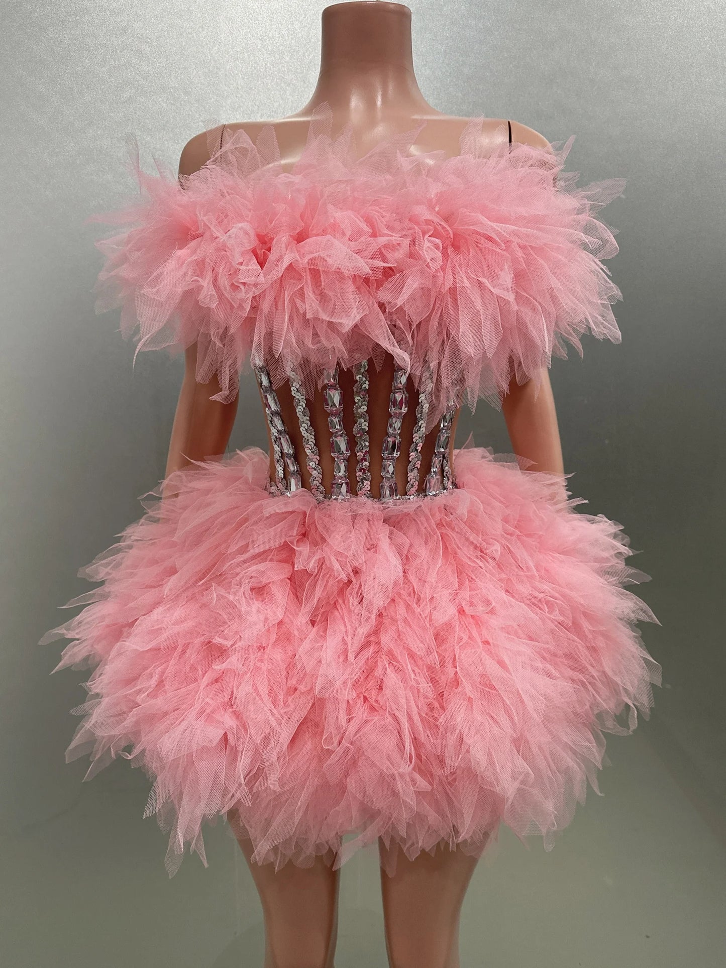 Feather Faux Fur Ruffled Strapless Silver Metallic Corset Mesh Mini Formal Ball Gown/Party/Prom Dress