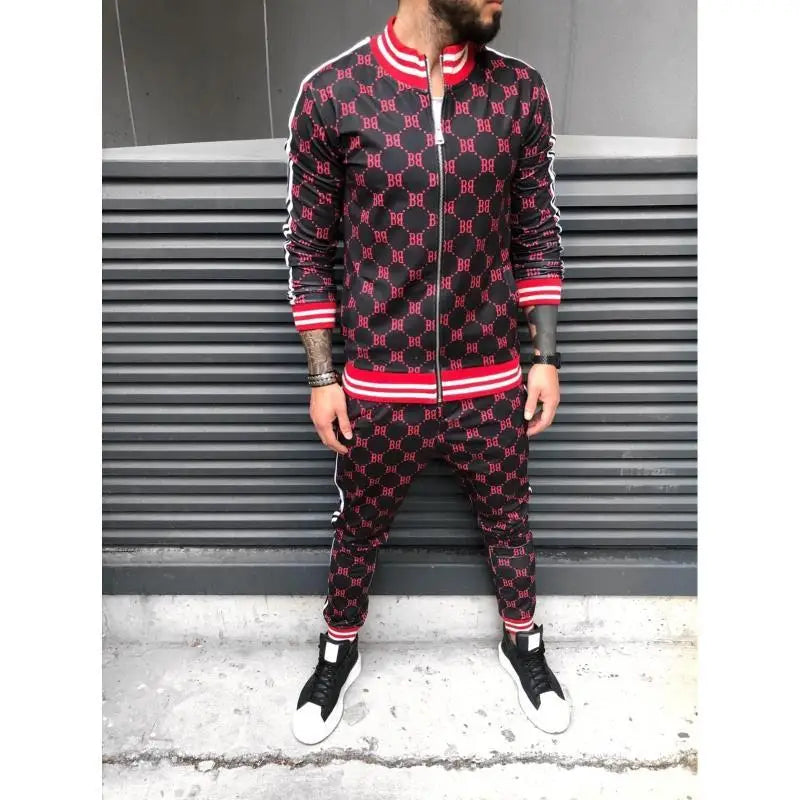 Velvet Monogram Side Striped Print O-Neck Sweat Jacket + Sweatpants Tracksuit
