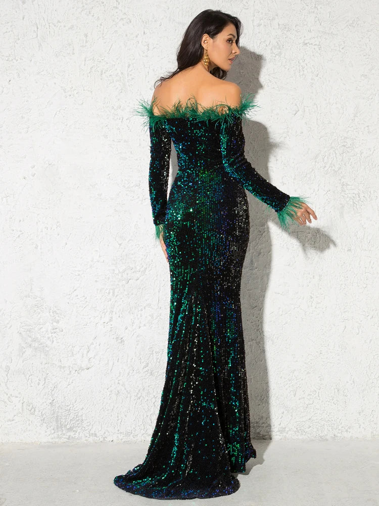 Feather Slash Neck Sequined Velvet Off-the-Shoulder Feather Long Sleeve Floor Length Mermaid Maxi Dress