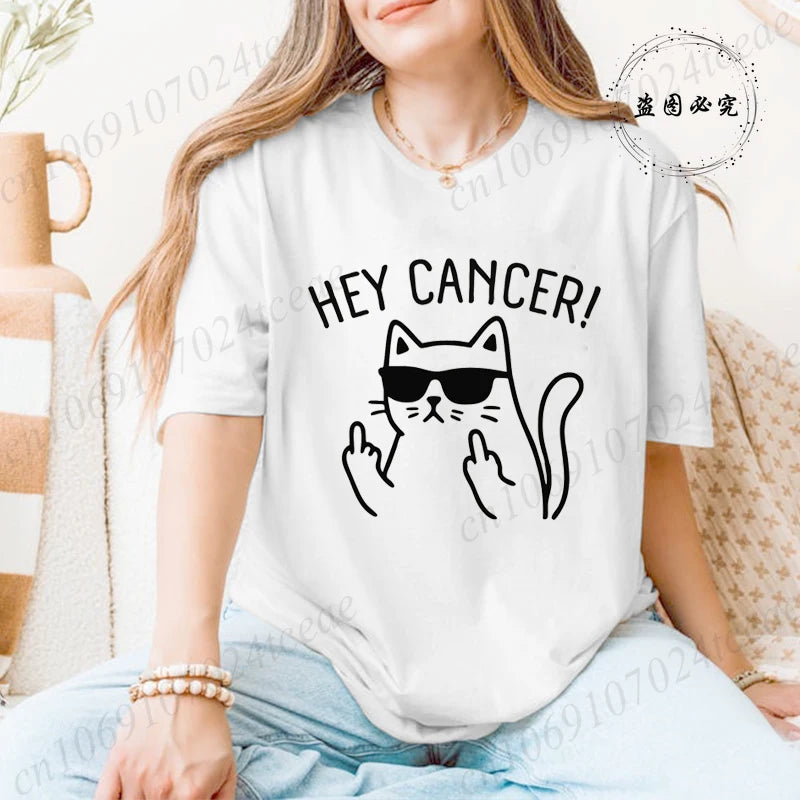 "Hey Cancer" 3D Cat Print Breast Cancer Awareness T-Shirt to 3X Plus Size