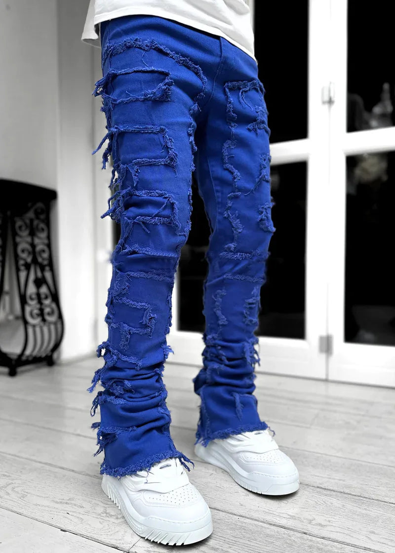 Men's Denim Fringe Ripped Hip-Hop Stretch Stacked Elastic Waist Straight Patchwork Jeans