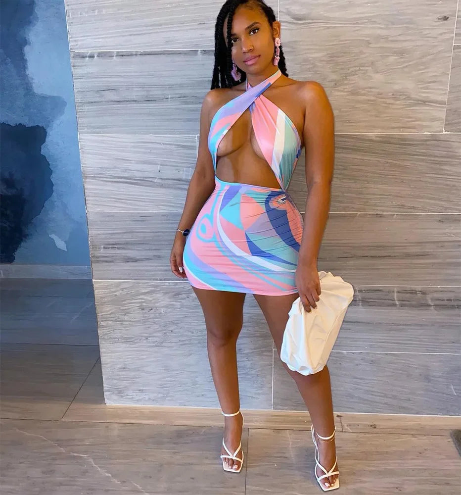 Striped Swirl Colorblock Print Criss-Cross Sleeveless Crop Top + Drawstring Bodycon Mini Skirt 2-Piece Set