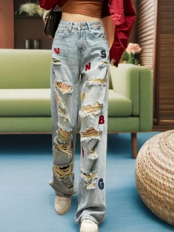 Denim Patch Varsity Style Embroidered Ripped Faded Washed Women's Hip-Hop Streetwear Jeans