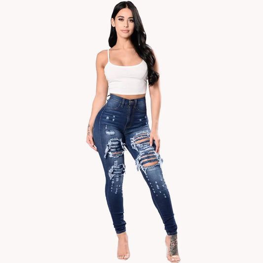 Ripped Hollow-Out Denim High Waist Stretch Skinny Pencil Women's Jeans