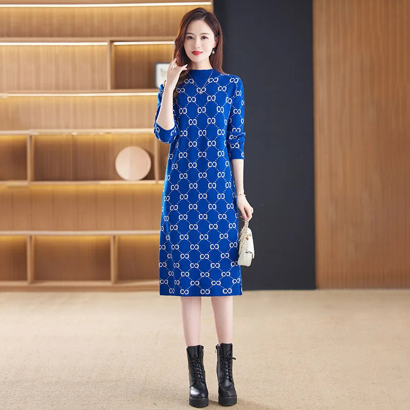 Vintage Geometric Monogram Print O-Neck Long Sleeve Midi Dress