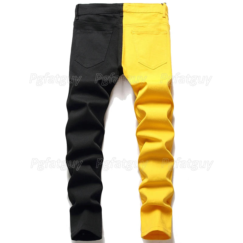 Men's Colorblock  Yellow/Black Denim Jean Jacket + Ruched Skinny 2-Tone Jeans 2-Piece Set