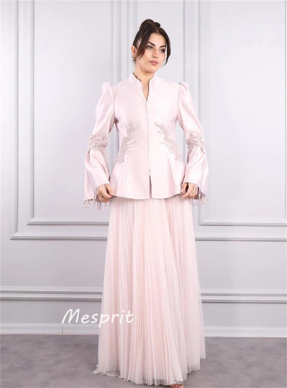 Satin Stand Collar Flared Sleeve A-Line Beaded Tulle Draped Bespoke Pleated Formal Occasion Maxi Dress