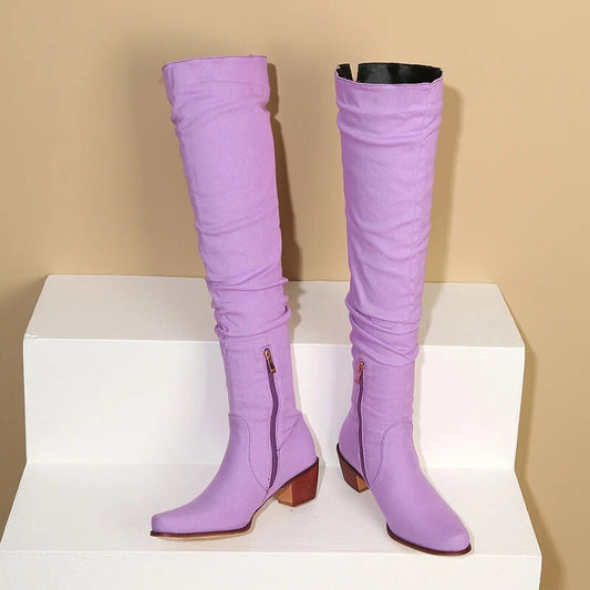 Zipper Block Heel Folded Over-The- Knee Boots