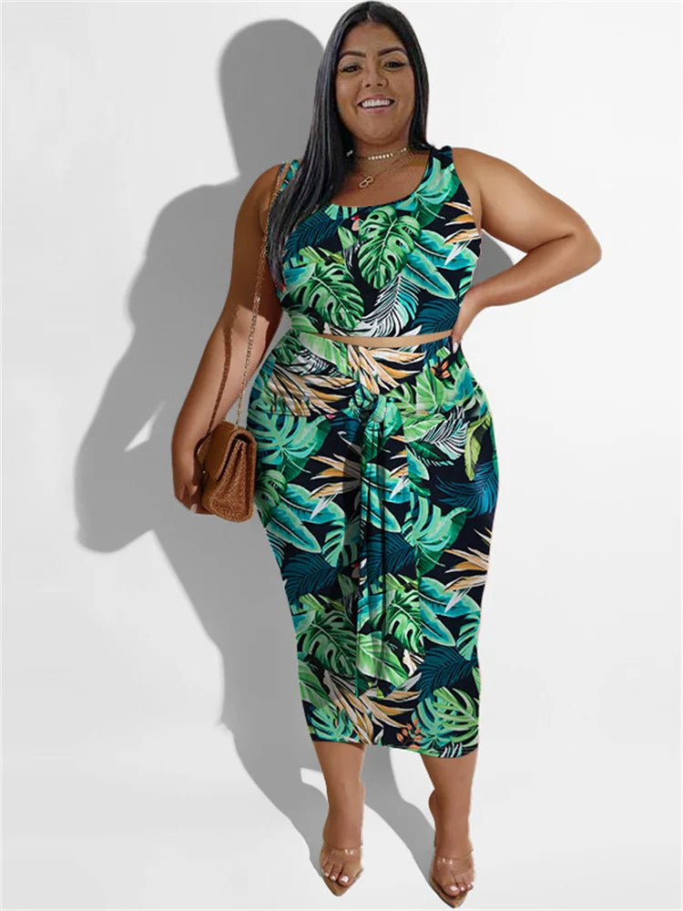 Floral/Tropical/Camoflauge Print Crop Tank Top + Bandage Maxi Skirt  2-Piece Set to 4X