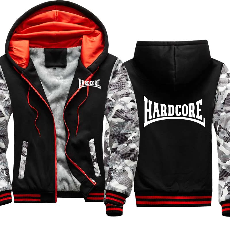 Men‘s "Hardcore" Drawstring Camoflauge Colorblock Print Fleece Cotton Raglan Zipper Hoodie Jacket
