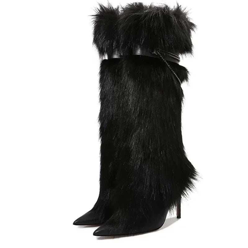 Shaggy Fur Stiletto Heel Pointed Toe Women's Knee-High Boots