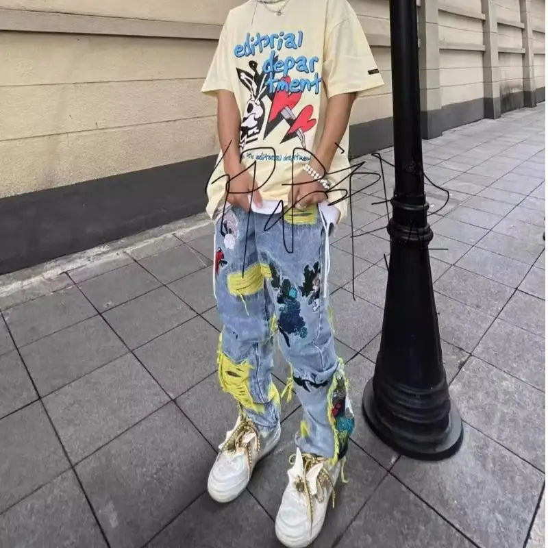 Streetwear Baggy Stacked Ripped Graphic Embroidered Hip Hop Jeans