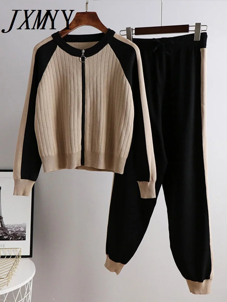 Ladies Colorblock Zipper Cardigan Jacket Top + Knitted Pants 2-Piece Set