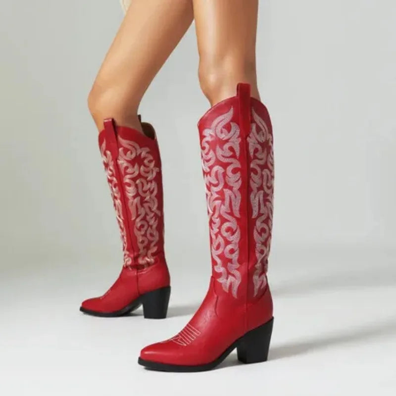 Vintage Embroidered Chunky Heel Western Women's Knee High Cowgirl Rodeo Boots