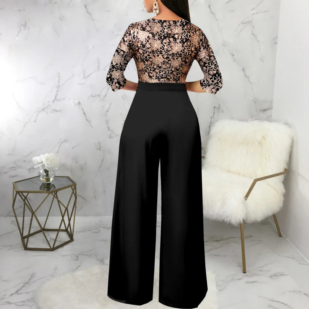 Metallic Floral Long Sleeve V-Neck Women's Wide Leg Pants Evening Party Jumpsuits