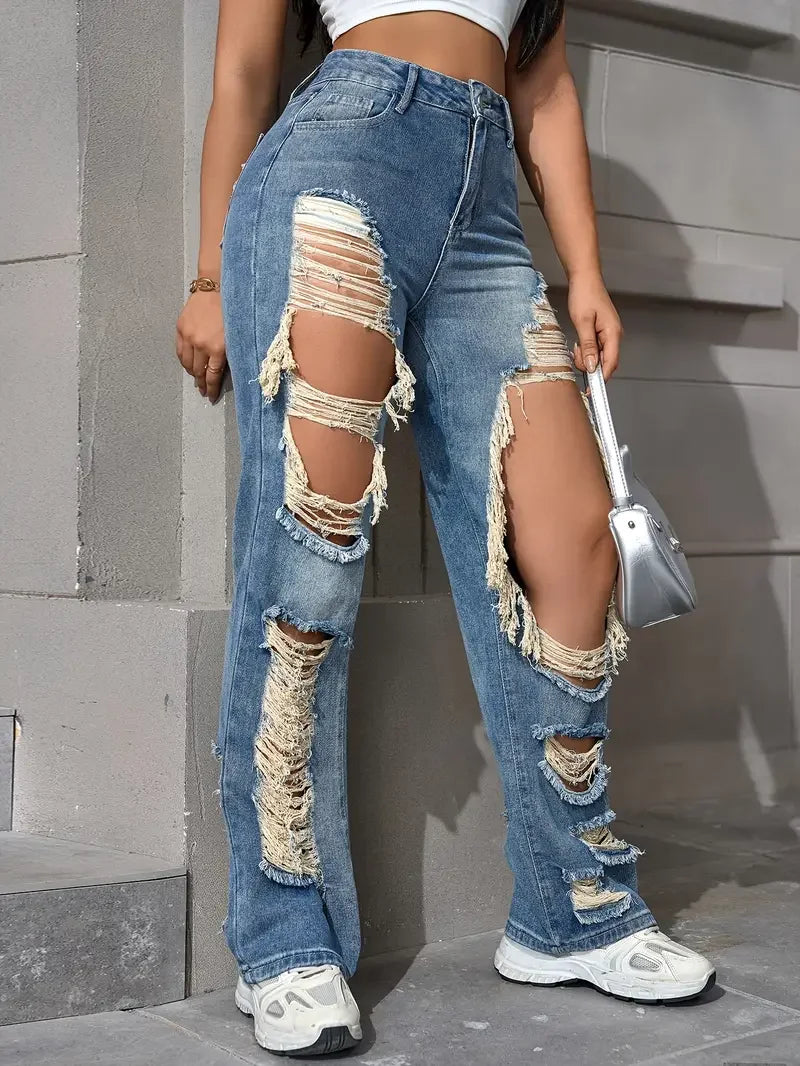 Ripped Denim Hollow-Out Washed Women's Baggy Hip-Hop Streetwear Jeans